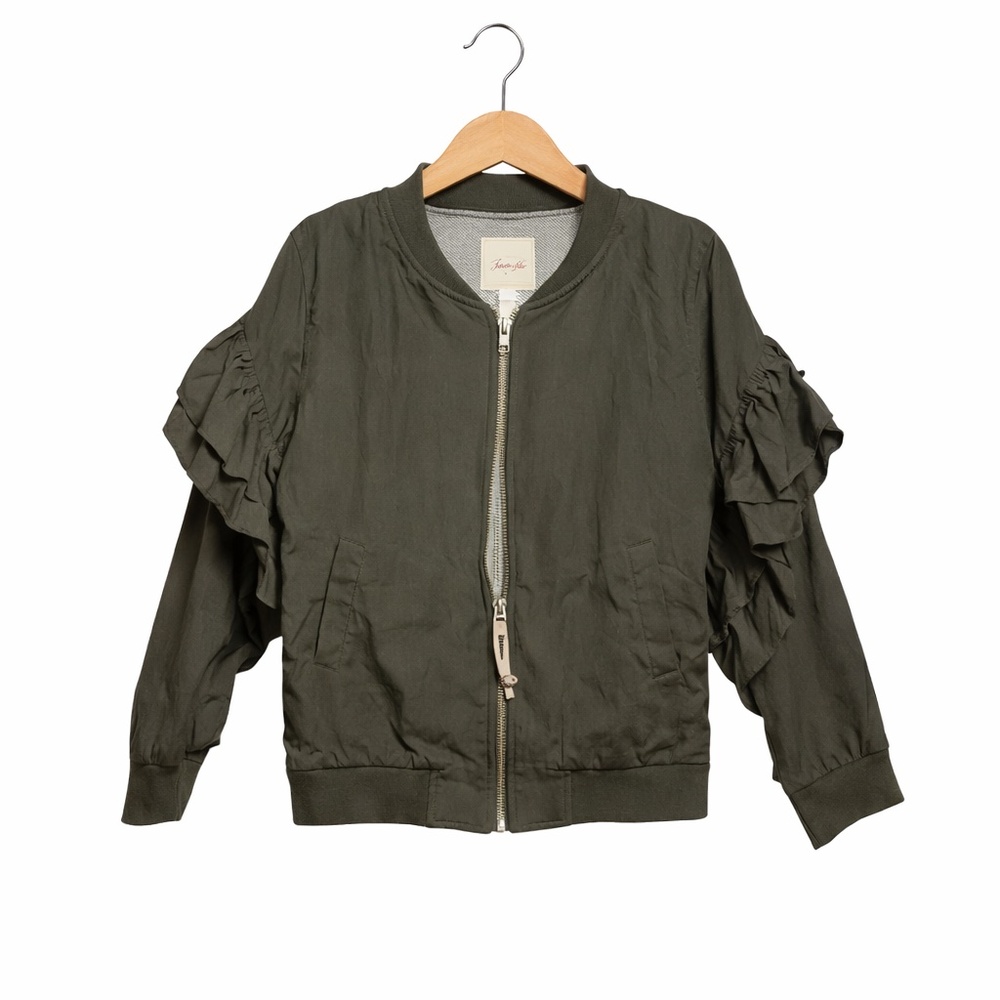Cat & Jack Olive Green Ruffle Bomber Jacket Girls Size 5 Zip Front Fall Everyday